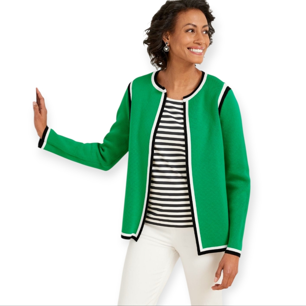 Talbots Women's Green Thick Knit Sweater Jacket Open Front Sz L Preppy Old Money